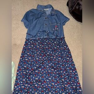 Bobbie Brooks Denim Shirt with Embroidered Floral Collar in Blue and Red